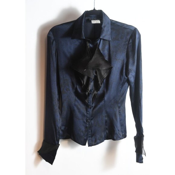 Carolina Herrera 100% Silk Elegant Navy Black Ruffle Blouse Size M- READ - Picture 1 of 11